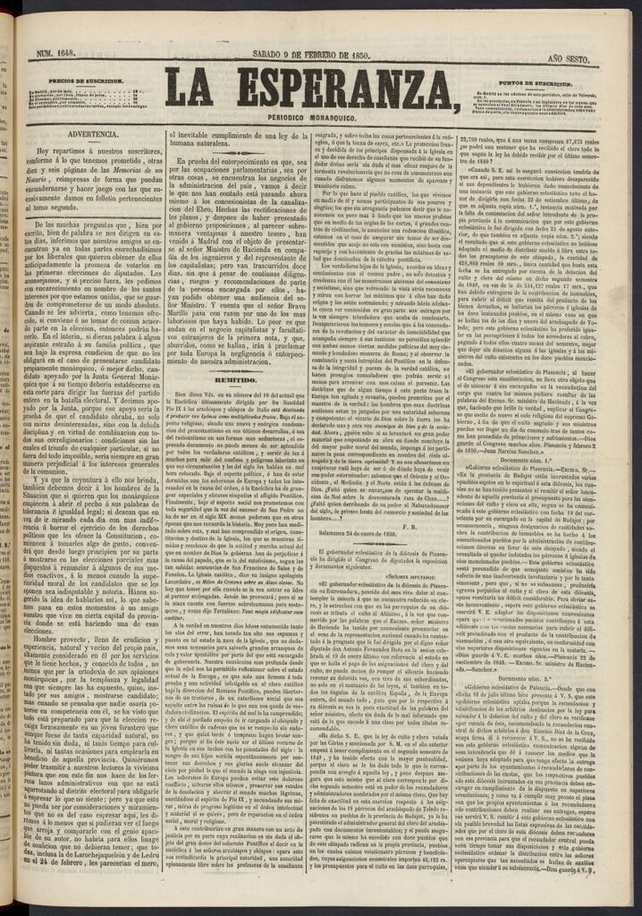 Miniatura de La Esperanza: periódico monárquico del 9 de febrero de 1850, nº 1648