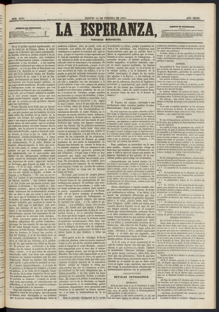 Miniatura de La Esperanza: periódico monárquico del 12 de febrero de 1850, nº 1650