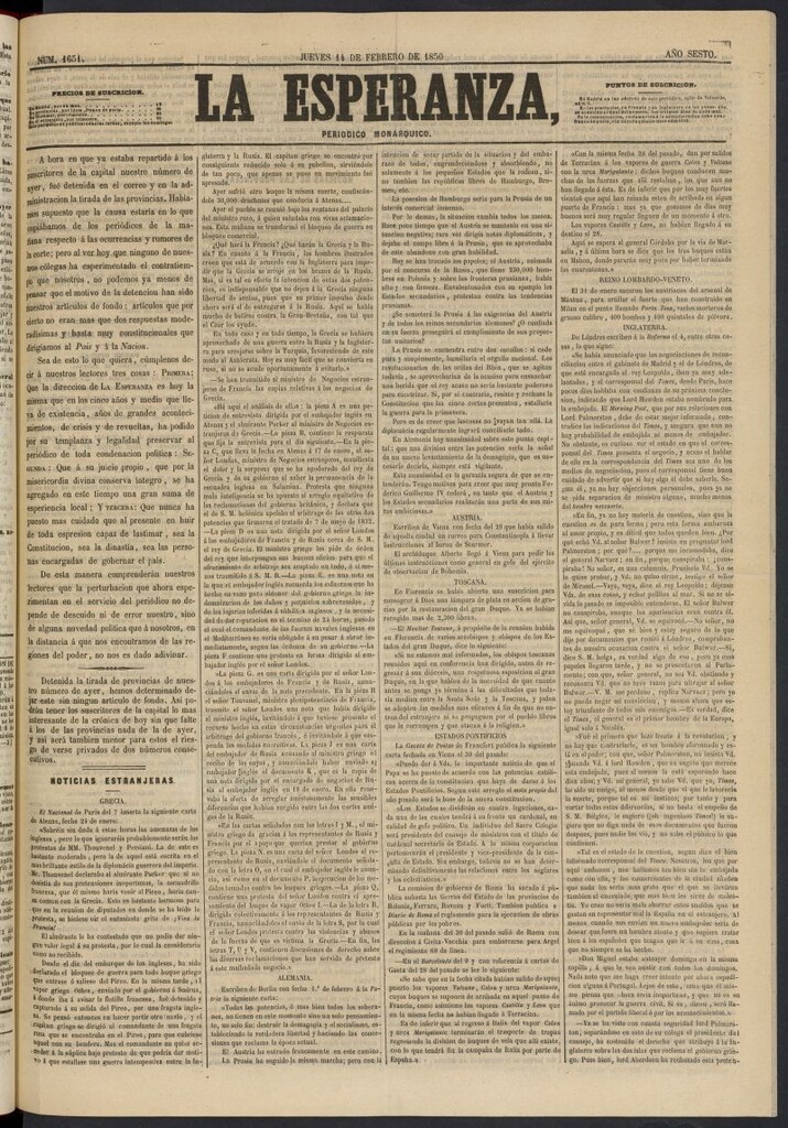 Miniatura de La Esperanza: periódico monárquico del 14 de febrero de 1850, nº 1651 [sic]