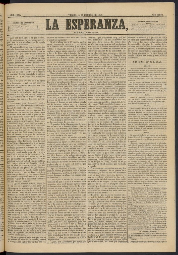 Miniatura de La Esperanza: periódico monárquico del 15 de febrero de 1850, nº 1652