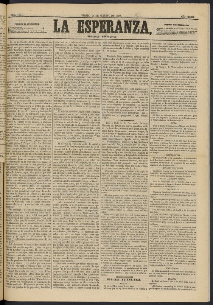 Miniatura de La Esperanza: periódico monárquico del 16 de febrero de 1850, nº 1653