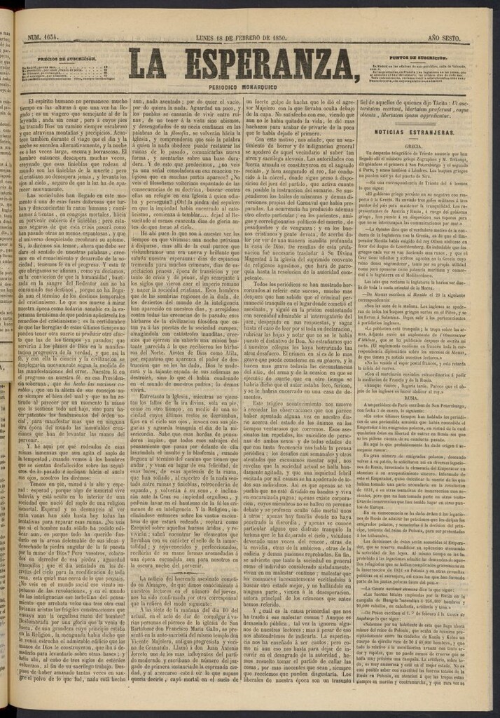 Miniatura de La Esperanza: periódico monárquico del 18 de febrero de 1850, nº 1654