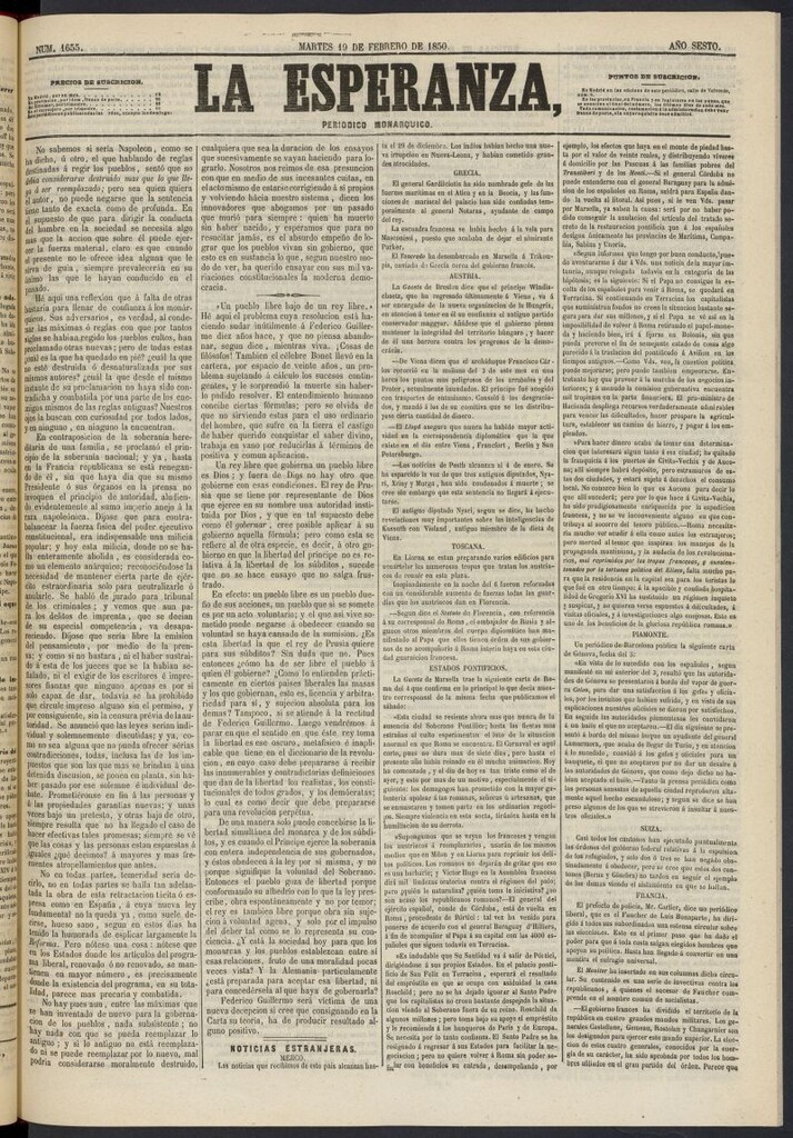 Miniatura de La Esperanza: periódico monárquico del 19 de febrero de 1850, nº 1655