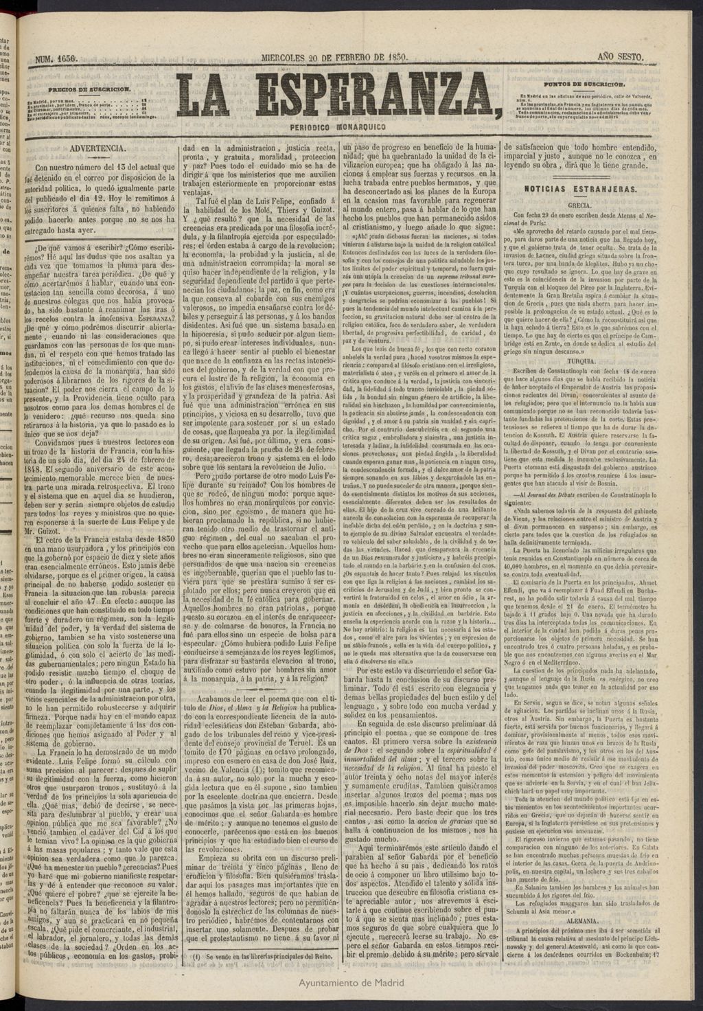 Miniatura de La Esperanza: periódico monárquico del 20 de febrero de 1850, nº 1656