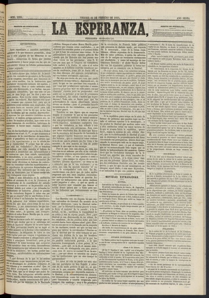 Miniatura de La Esperanza: periódico monárquico del 22 de febrero de 1850, nº 1658