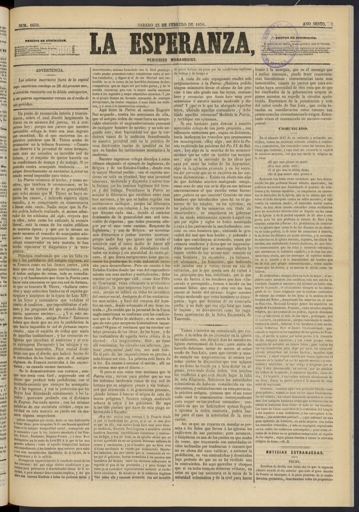 Miniatura de La Esperanza: periódico monárquico del 23 de febrero de 1850, nº 1659