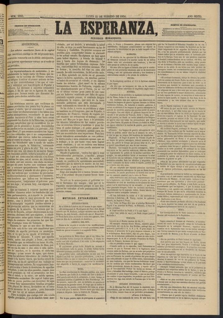 Miniatura de La Esperanza: periódico monárquico del 25 de febrero de 1850, nº 1660