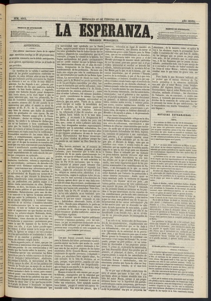 Miniatura de La Esperanza: periódico monárquico del 27 de febrero de 1850, nº 1662