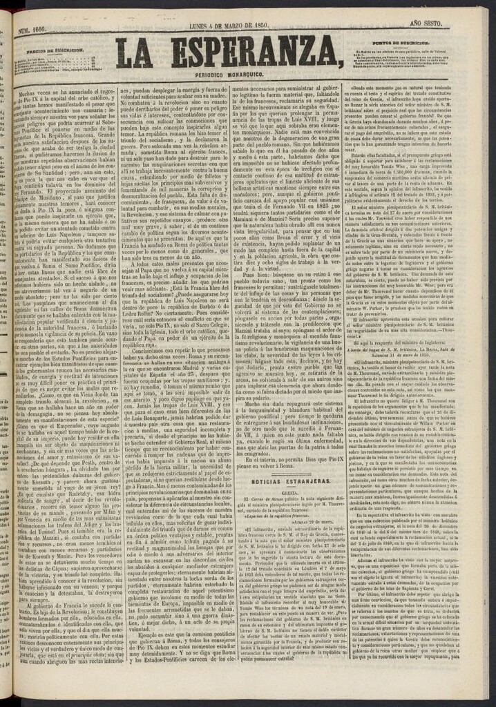 Miniatura de La Esperanza: periódico monárquico del 4 de marzo de 1850, nº 1666