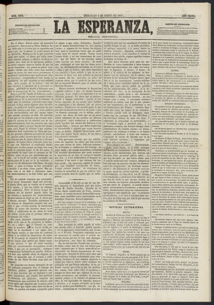 Miniatura de La Esperanza: periódico monárquico del 6 de marzo de 1850, nº 1668