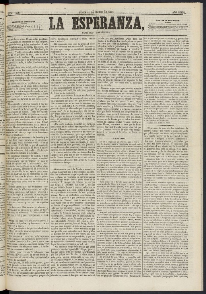 Miniatura de La Esperanza: periódico monárquico del 11 de marzo de 1850, nº 1672