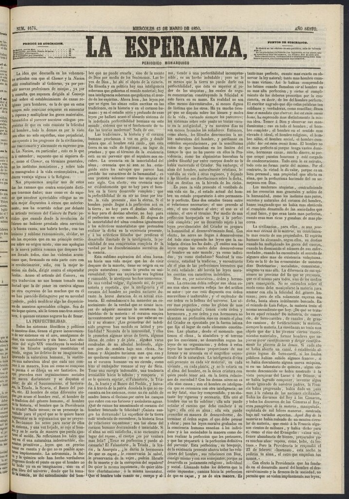 Miniatura de La Esperanza: periódico monárquico del 13 de marzo de 1850, nº 1674