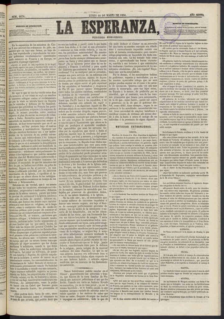 Miniatura de La Esperanza: periódico monárquico del 18 de marzo de 1850, nº 1678