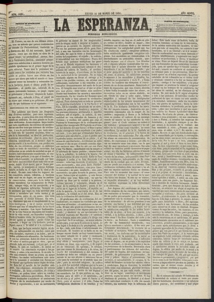 Miniatura de La Esperanza: periódico monárquico del 21 de marzo de 1850, nº 1681