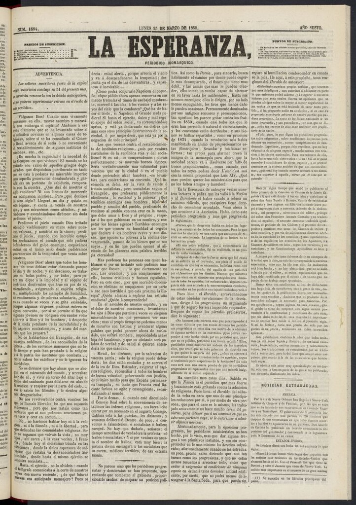 Miniatura de La Esperanza: periódico monárquico del 25 de marzo de 1850, nº 1684