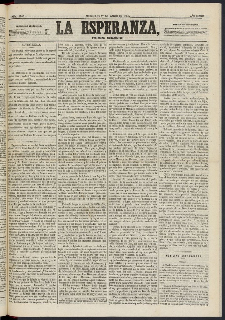 Miniatura de La Esperanza: periódico monárquico del 27 de marzo de 1850, nº 1685