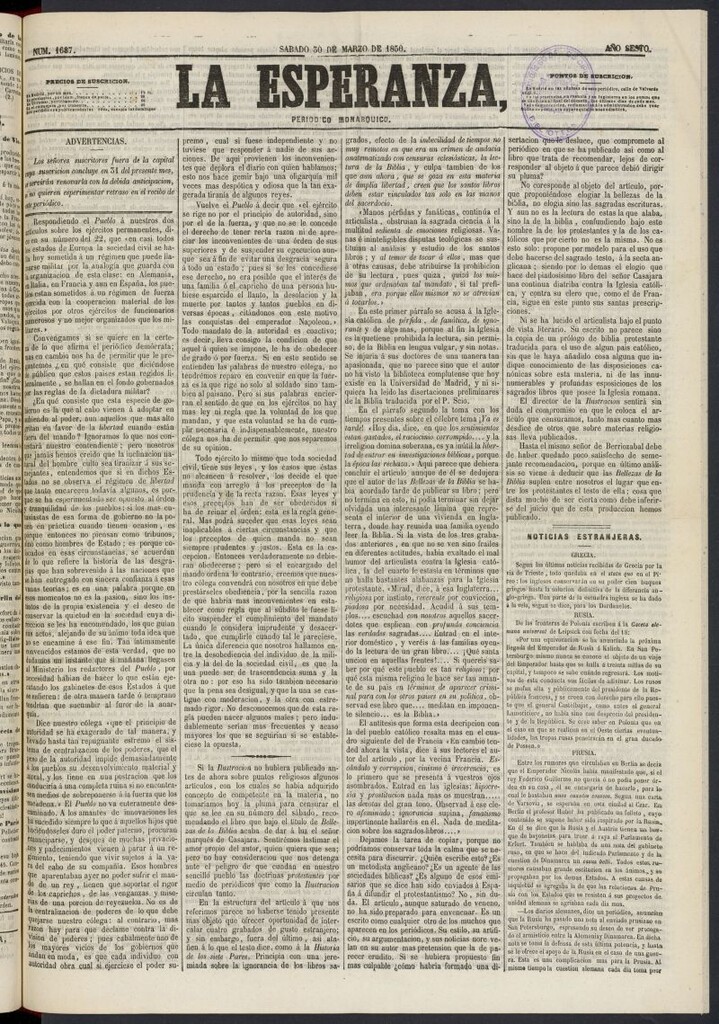 Miniatura de La Esperanza: periódico monárquico del 30 de marzo de 1850, nº 1687