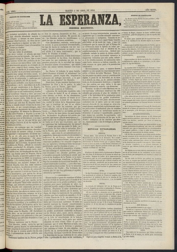 Miniatura de La Esperanza: periódico monárquico del 2 de abril de 1850, nº 1689