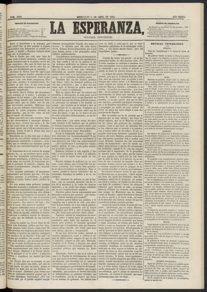 Miniatura de La Esperanza: periódico monárquico del 3 de abril de 1850, nº 1690