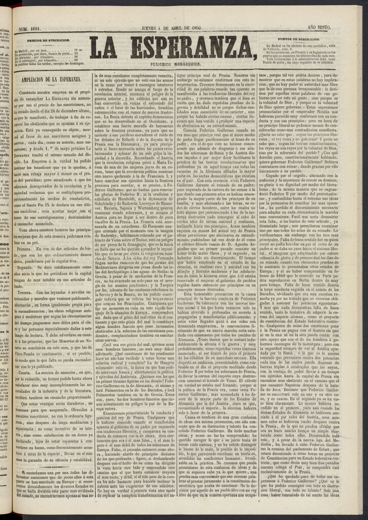 Miniatura de La Esperanza: periódico monárquico del 4 de abril de 1850, nº 1691