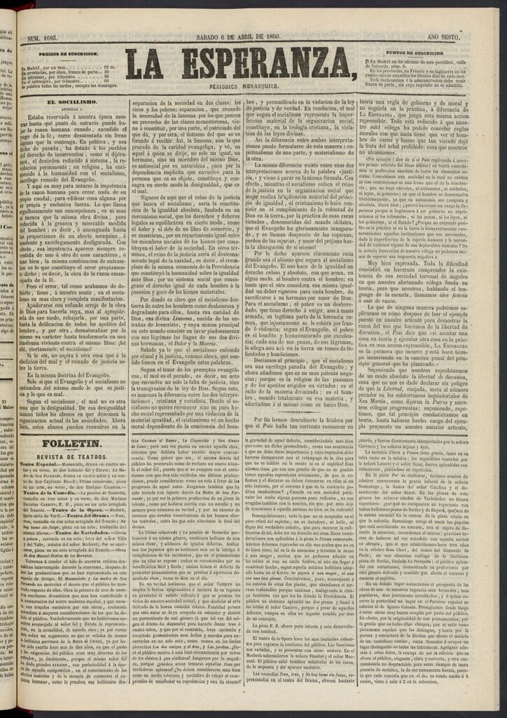 Miniatura de La Esperanza: periódico monárquico del 6 de abril de 1850, nº 1693