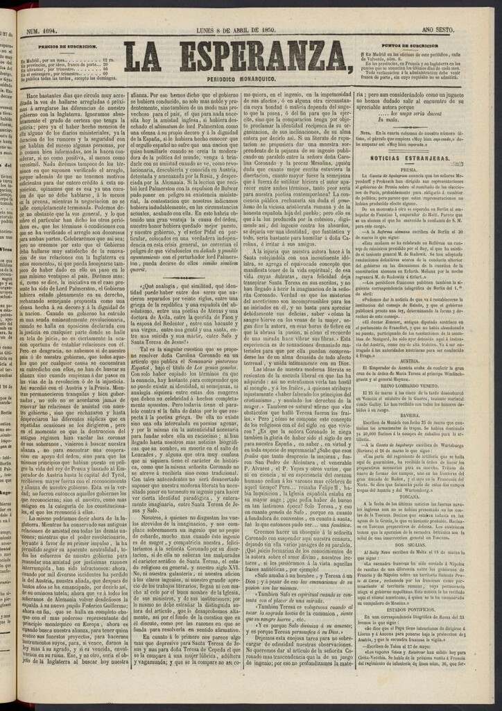 Miniatura de La Esperanza: periódico monárquico del 8 de abril de 1850, nº 1694