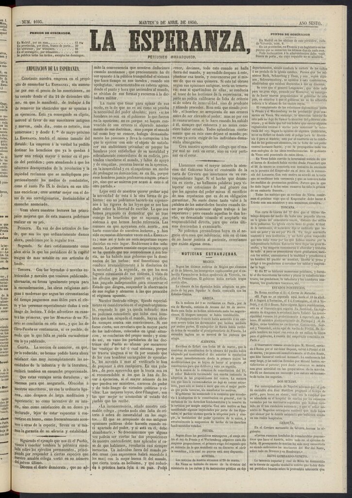 Miniatura de La Esperanza: periódico monárquico del 9 de abril de 1850, nº 1695