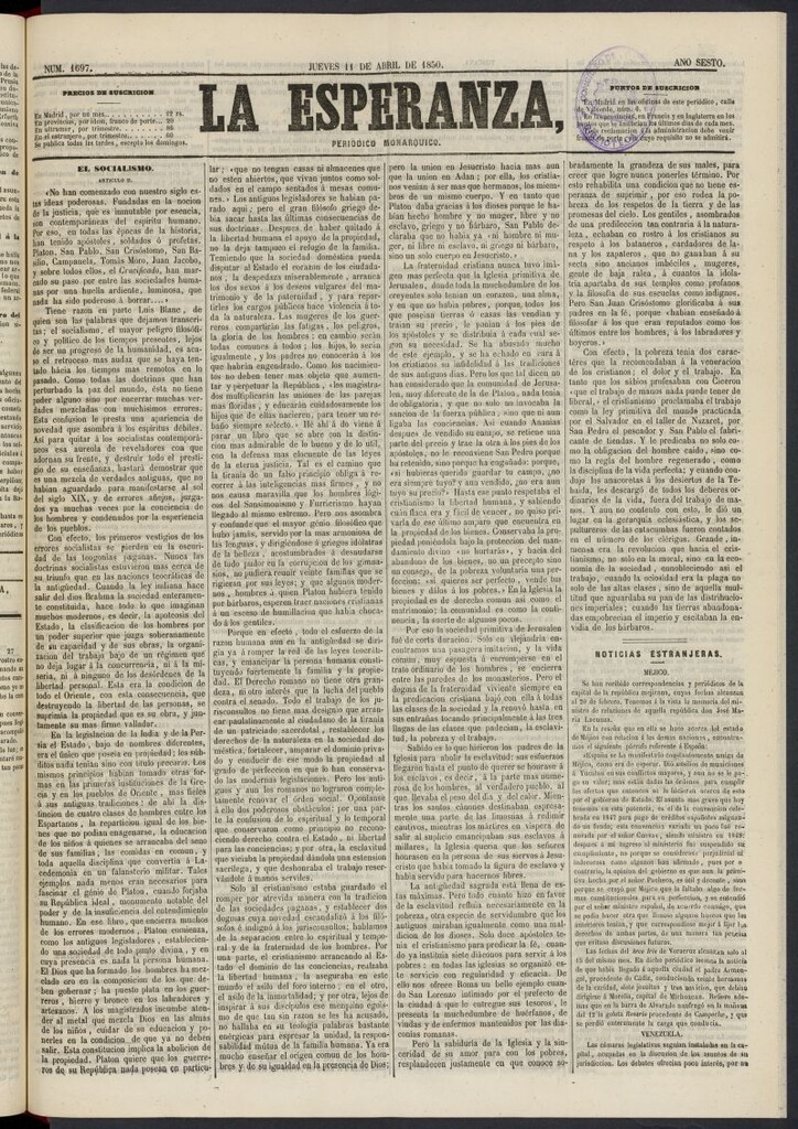 Miniatura de La Esperanza: periódico monárquico del 11 de abril de 1850, nº 1697