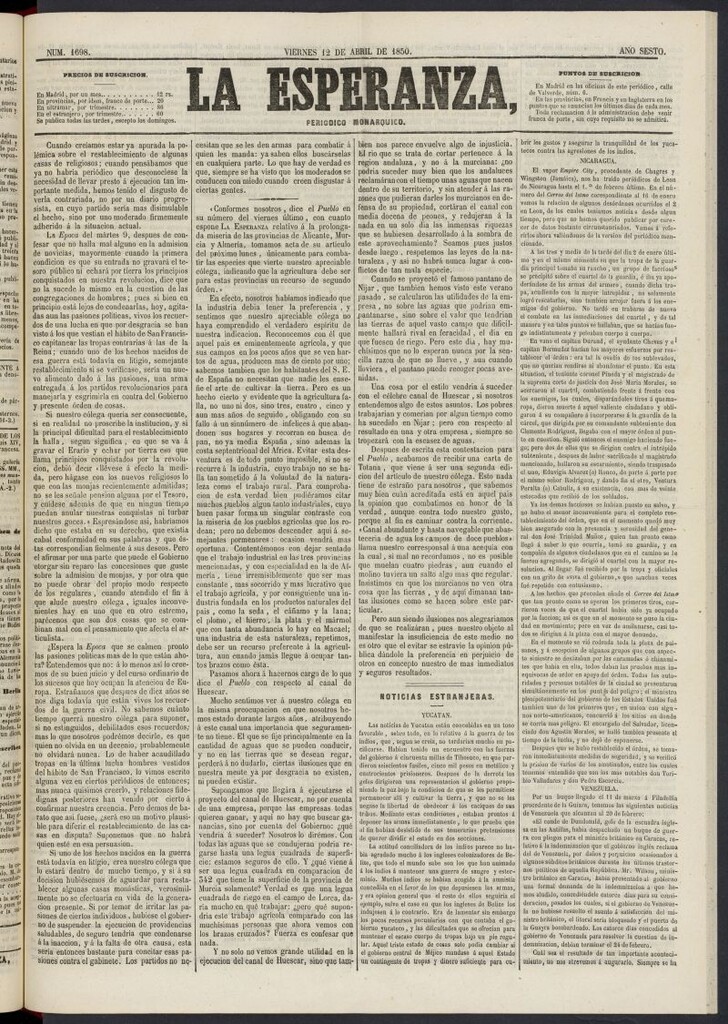 Miniatura de La Esperanza: periódico monárquico del 12 de abril de 1850, nº 1698