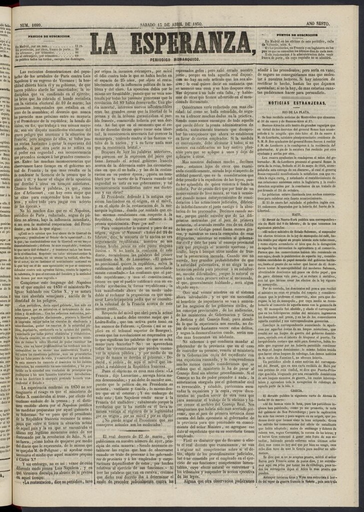 Miniatura de La Esperanza: periódico monárquico del 13 de abril de 1850, nº 1699
