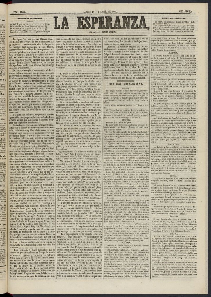Miniatura de La Esperanza: periódico monárquico del 15 de abril de 1850, nº 1700