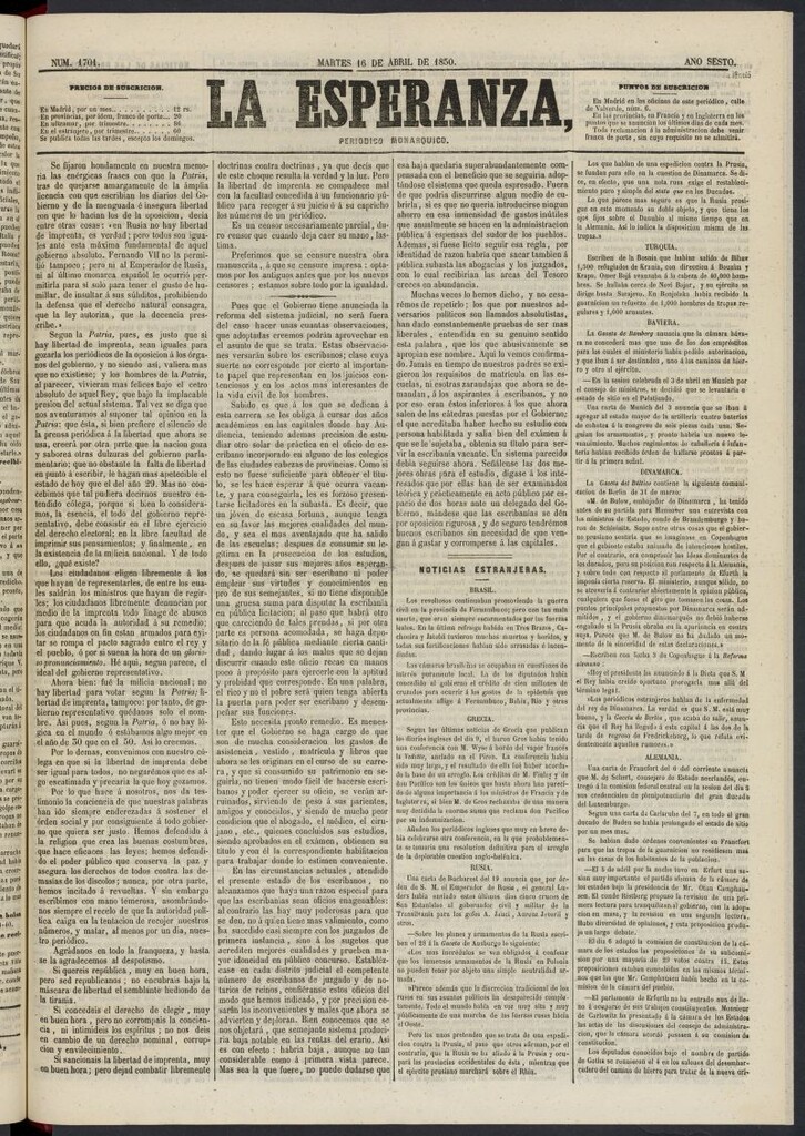 Miniatura de La Esperanza: periódico monárquico del 16 de abril de 1850, nº 1701