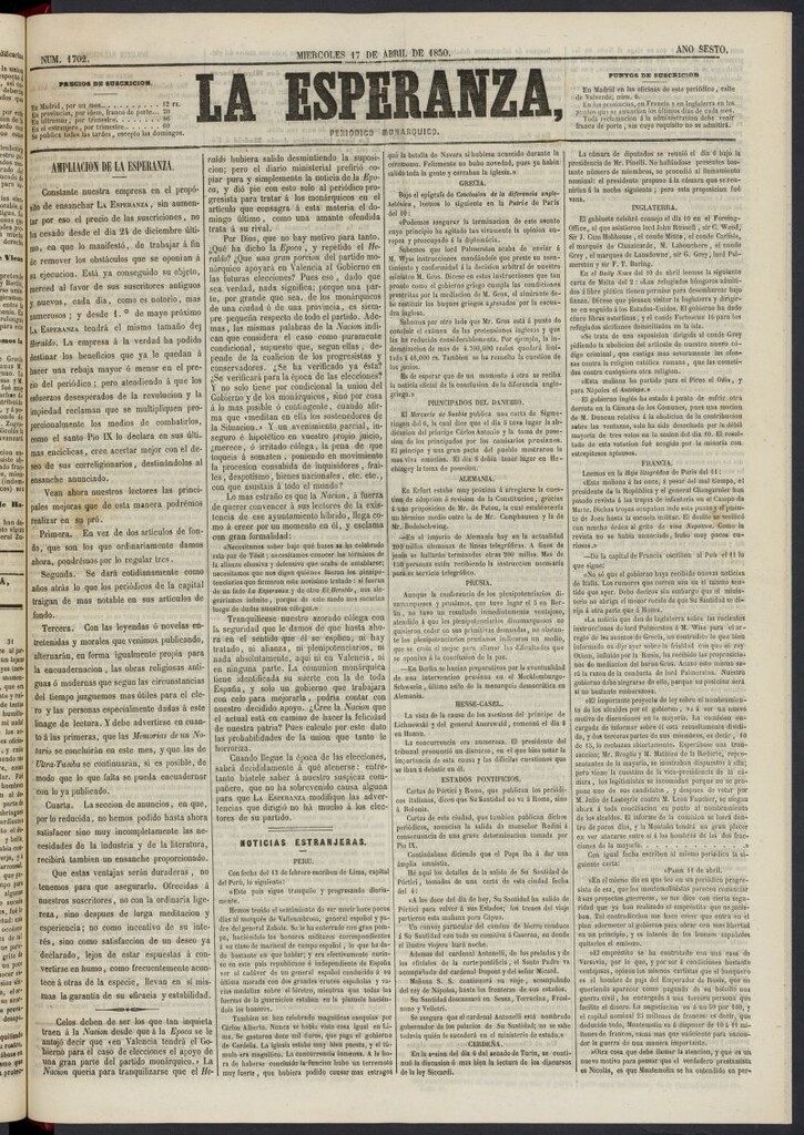 Miniatura de La Esperanza: periódico monárquico del 17 de abril de 1850, nº 1702