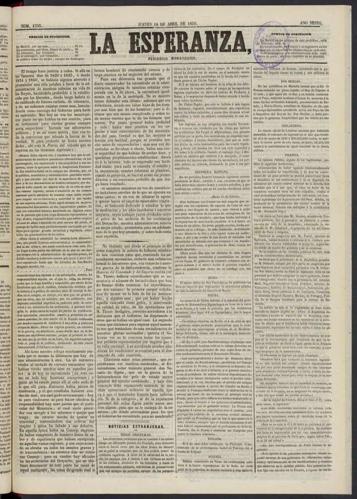 Miniatura de La Esperanza: periódico monárquico del 18 de abril de 1850, nº 1703