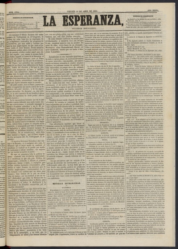Miniatura de La Esperanza: periódico monárquico del 19 de abril de 1850, nº 1704