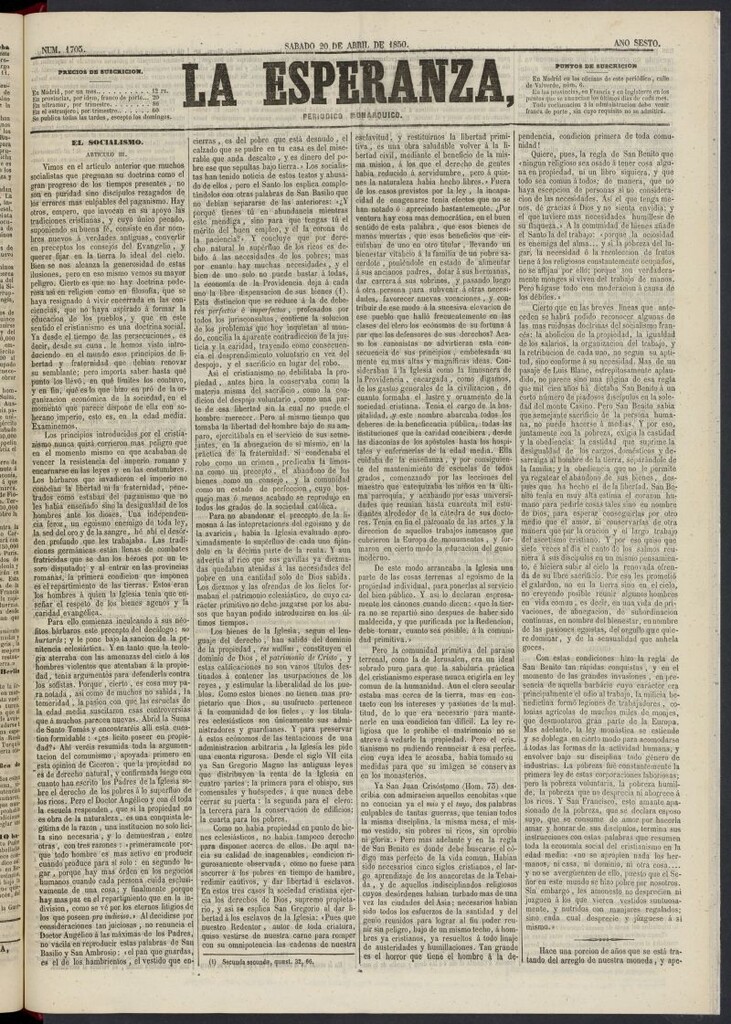 Miniatura de La Esperanza: periódico monárquico del 20 de abril de 1850, nº 1705