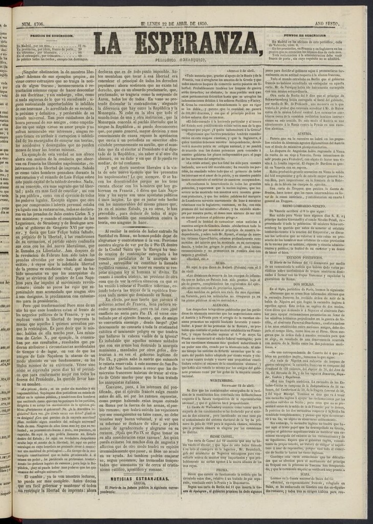 Miniatura de La Esperanza: periódico monárquico del 22 de abril de 1850, nº 1706