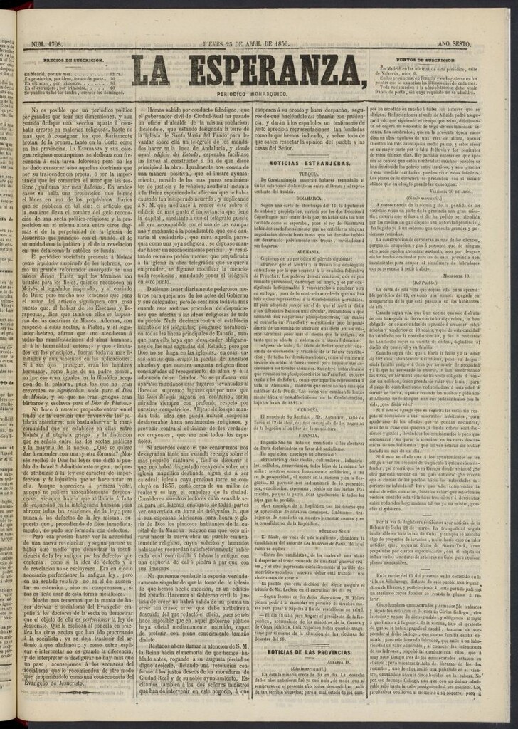 Miniatura de La Esperanza: periódico monárquico del 25 de abril de 1850, nº 1708