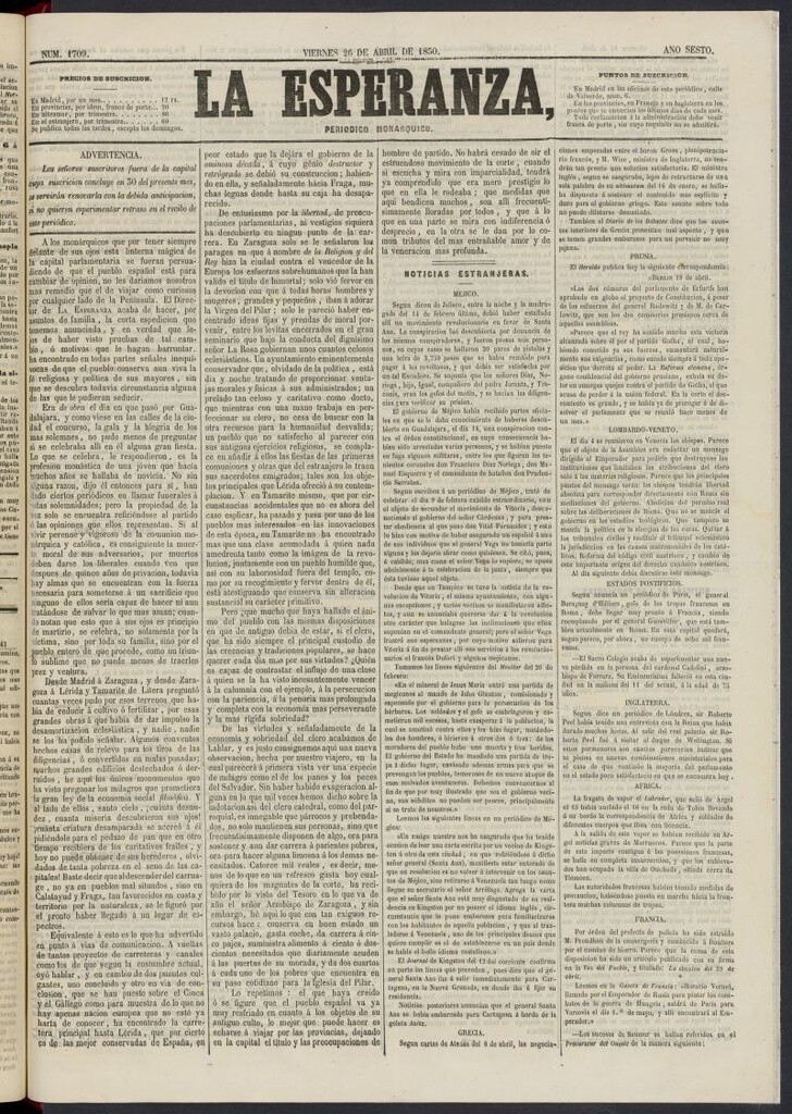 Miniatura de La Esperanza: periódico monárquico del 26 de abril de 1850, nº 1709