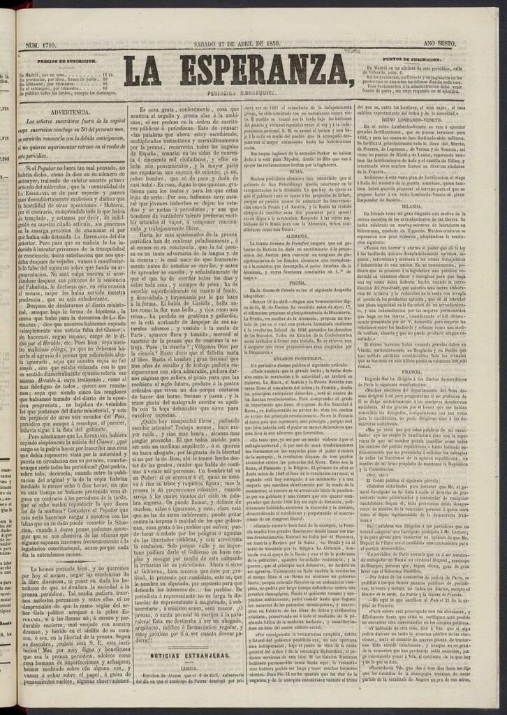 Miniatura de La Esperanza: periódico monárquico del 27 de abril de 1850, nº 1710