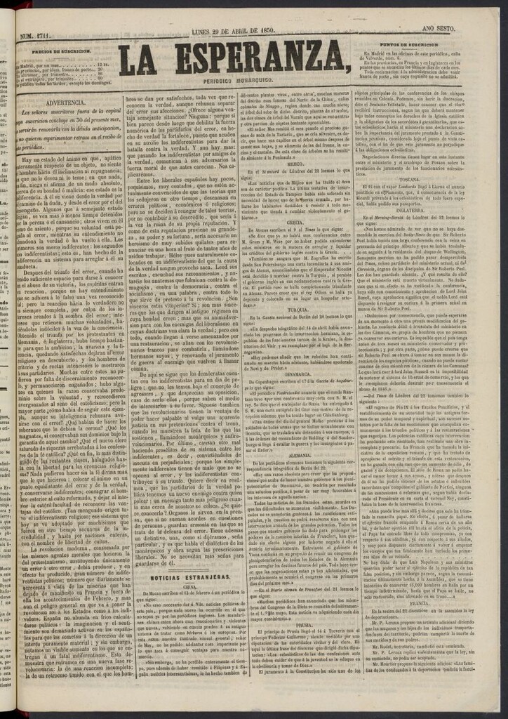 Miniatura de La Esperanza: periódico monárquico del 29 de abril de 1850, nº 1711