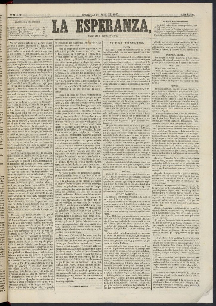 Miniatura de La Esperanza: periódico monárquico del 30 de abril de 1850, nº 1712