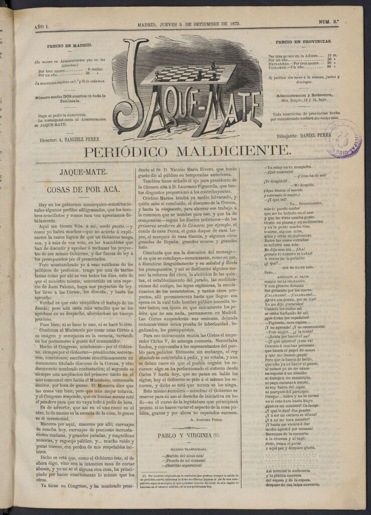 Miniatura de Jaque-Mate: periódico maldiciente del 5 de septiembre de 1872, nº 2