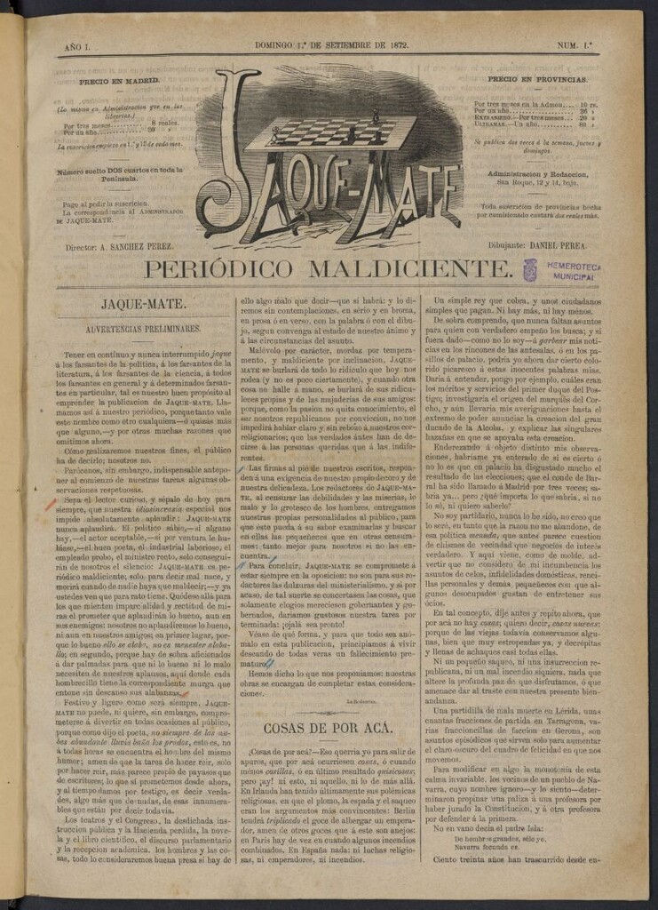 Miniatura de Jaque-Mate: periódico maldiciente del 1 de septiembre de 1872, nº 1