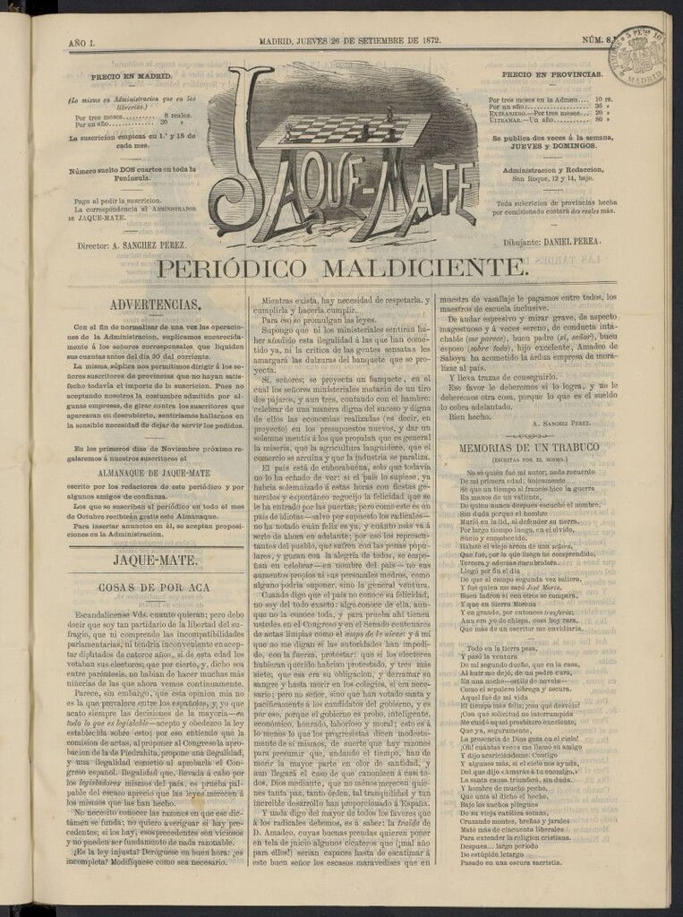 Miniatura de Jaque-Mate: periódico maldiciente del 26 de septiembre de 1872, nº 8