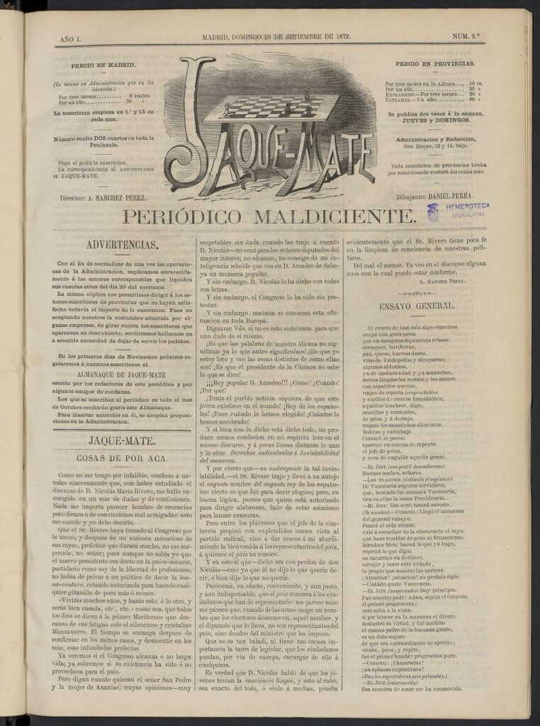 Miniatura de Jaque-Mate: periódico maldiciente del 29 de septiembre de 1872, nº 9