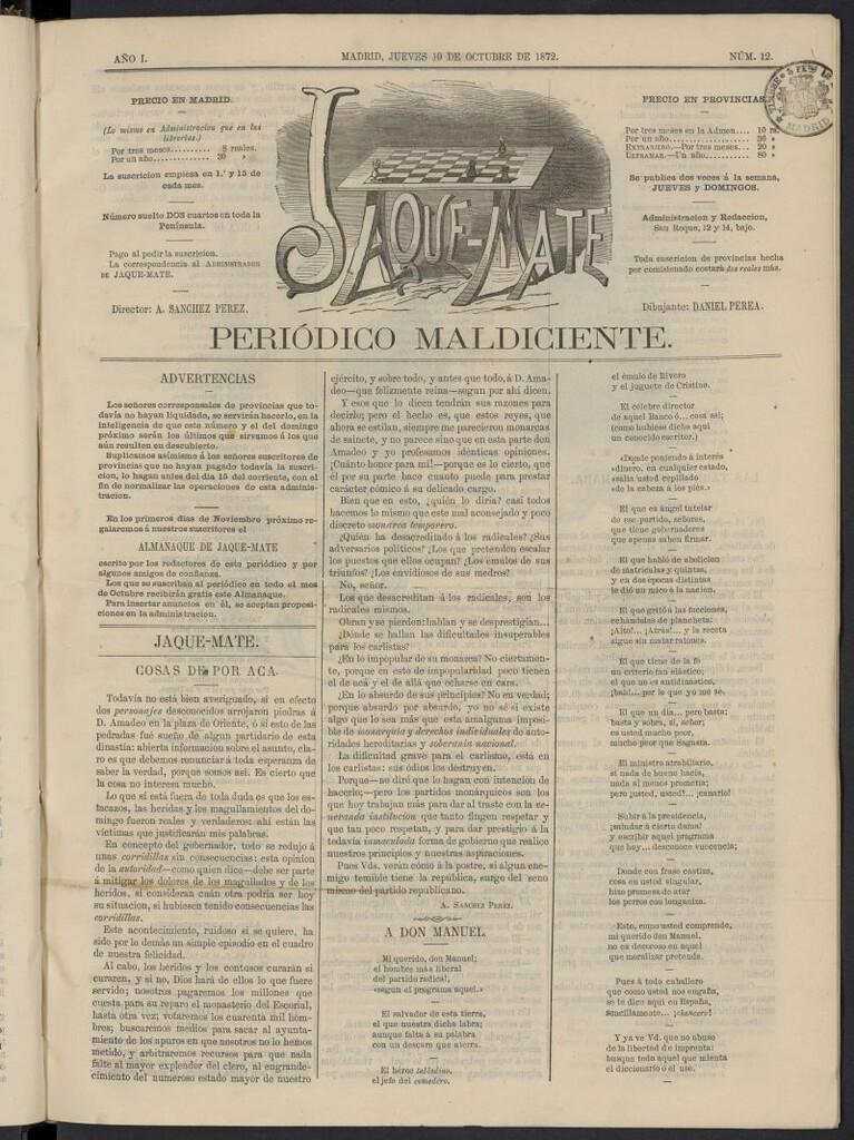 Miniatura de Jaque-Mate: periódico maldiciente del 10 de octubre de 1872, nº 12