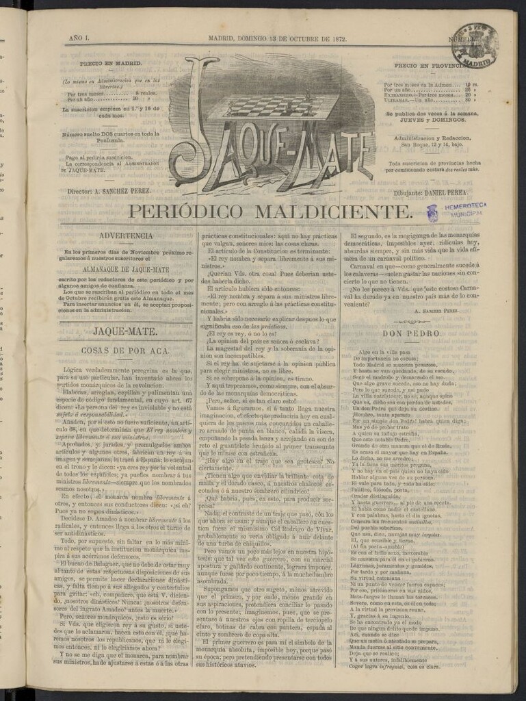 Miniatura de Jaque-Mate: periódico maldiciente del 13 de octubre de 1872, nº 13
