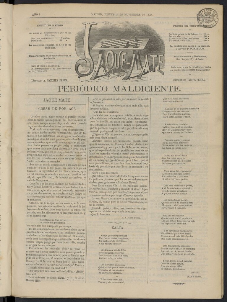 Miniatura de Jaque-Mate: periódico maldiciente del 14 de octubre de 1872, nº 22 [sic]