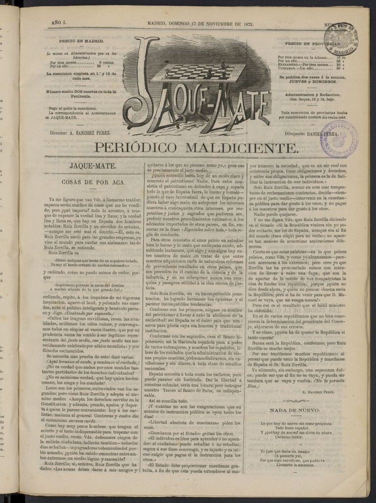Miniatura de Jaque-Mate: periódico maldiciente del 17 de noviembre de 1872, nº 23